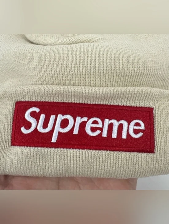 Supreme x New Era Box Logo Beanie – Stone / Beige (FW24) Brand New - Picture 2 of 11